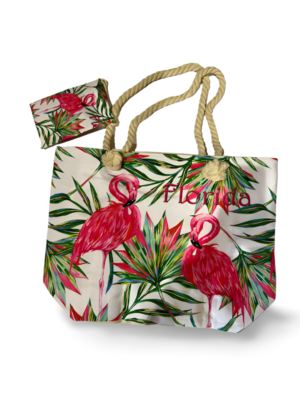 Florida Beach Bag with Purse - "Leaf & Flamingo Printed"