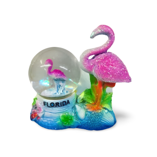 Polyresin Dual Flamingo Snow Globe with Florida - Pink