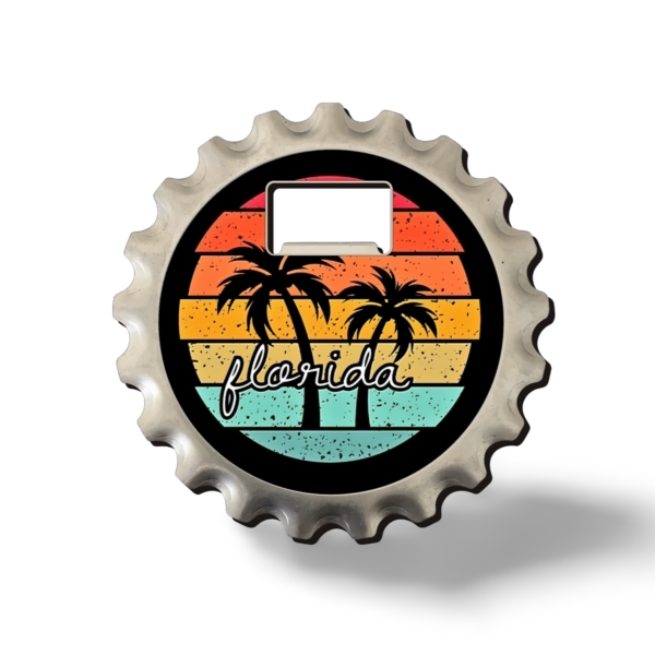 Florida 3-in-1 Coaster, Magnet, and Bottle Opener (Metal) - "Palm Trees in Beach"