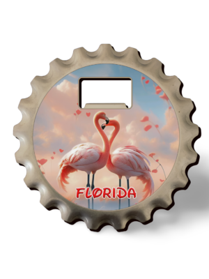 Florida 3-in-1 Coaster, Magnet, and Bottle Opener (Metal) - "Flamingo In Love"