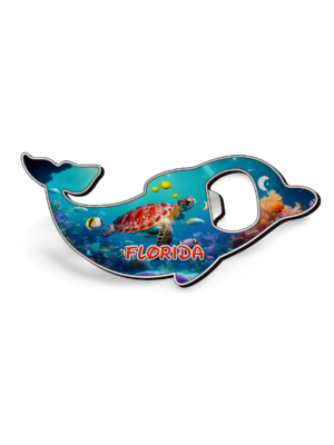 Florida Dolphin Magnet and Bottle Opener (Metal) - "Tortoise and the Ocean World"