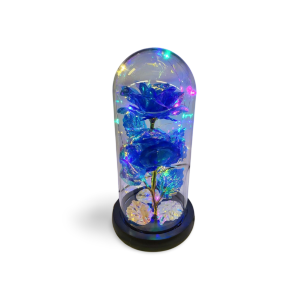 Color Changing Light Flower in a Glass Dome (USB Included) - "Double Flower with Leaf" Blue, Pink, Red, Purple