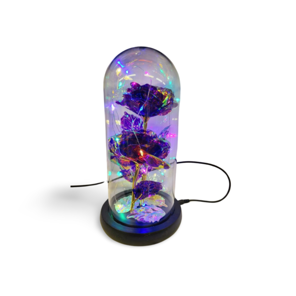 Color Changing Light Flower in a Glass Dome (USB Included) - "Double Flower with Leaf" Blue, Pink, Red, Purple