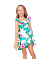 Girls' Ruffle Sleeve Sundress – Flamingo White and Flamingo Aqua