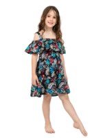 Girls' Tank Strap Dress with Ruffle Top and Bottom – Bamboo Blue and Bamboo Black