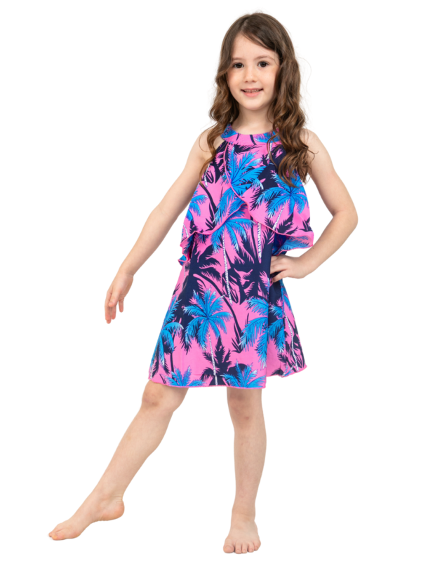 Girls' Breezy Tropical Palm Dress – Palm White, Palm Pink and Palm Yellow
