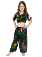 Girls' V-Shape Crop Top Two-Piece Pant Set – Parrot White and Parrot Black