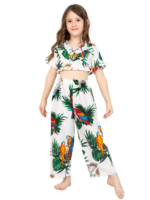 Girls' V-Shape Crop Top Two-Piece Pant Set – Parrot White and Parrot Black